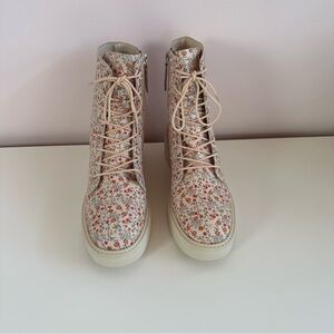Schutz Floral Print Leather Combat Boots, Size: 7.5